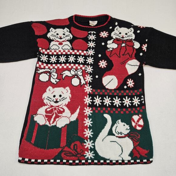 VTG Christmas Sweater Womens M Cat Kitten Kitty Holiday Made in USA Red Grandma - Picture 12 of 12